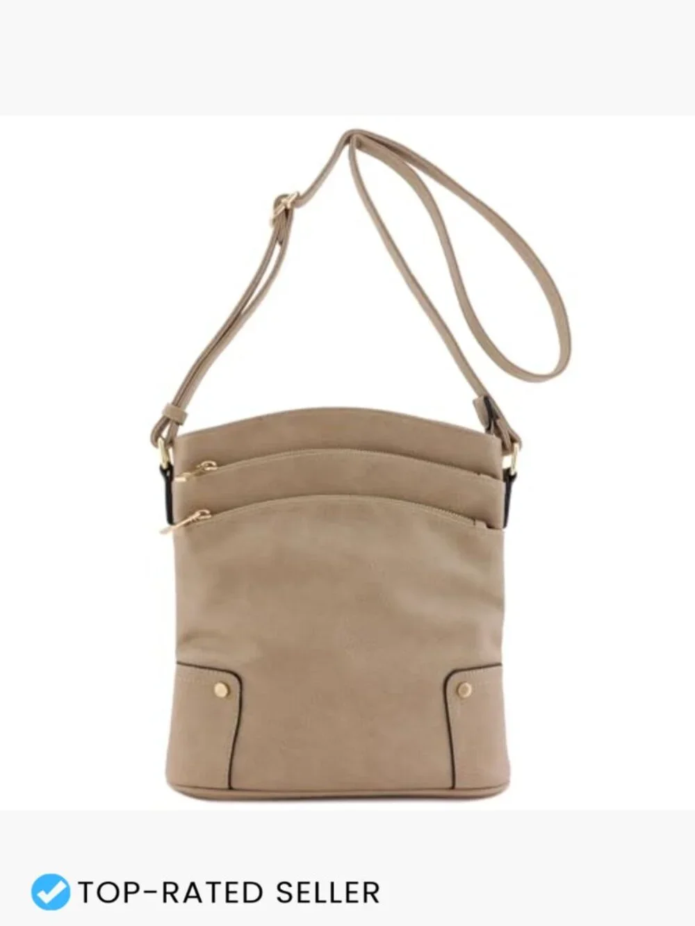 Triple Zip Pocket Large Crossbody Bag Sling Shoulder Faux Leather Vegan